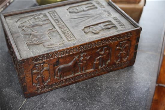 A 16th century style German carved fruitwood bible box, 15.5 x 10.5 x 6in.